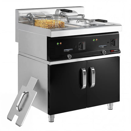 GGM Gastro Commercial Countertop Electric Twin Tank Fryer - 10+10 litres - 28.5kW - with drain tap - incl. substructure with 2 doors