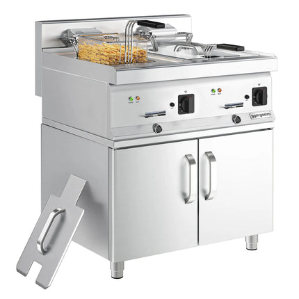 GGM Gastro Commercial Countertop Electric Twin Tank Fryer - 10+10 litres - 18kW - Manual - with drain tap - incl. base frame - incl. substructure with 2 doors