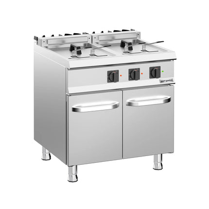 GGM Gastro Commercial Countertop Electric Twin Tank Fryer - 28kW - Electronic control - with drain tap - incl. substructure with 2 doors