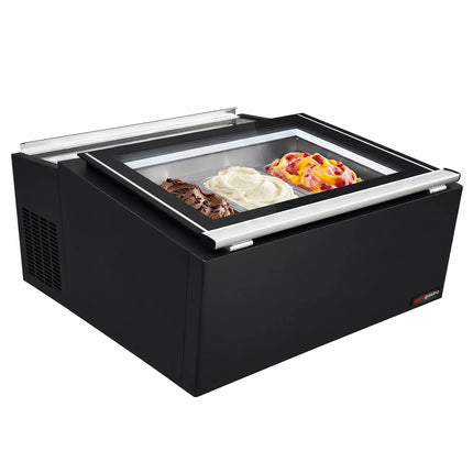 GGM Gastro Commercial Countertop Ice Cream Display Freezer – 772 mm – Static Cooling – for 3 × 5 L Napoli Pans – Lid Opening on Service Side