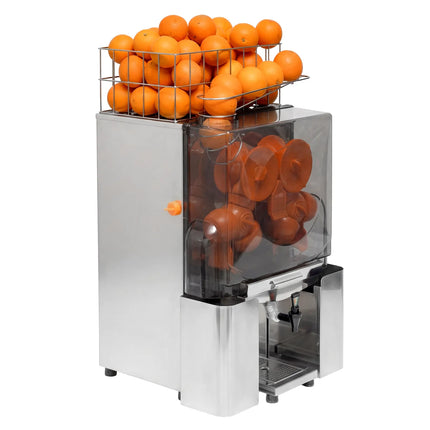 GGM Gastro Commercial Electric Citrus Juicer - 200W - 48kg - with manual feed, waste bin 10kg, safety cover, removable front cover, plastic tap - Stainless Steel