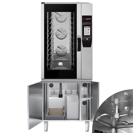 GGM Gastro Commercial Electric Combi Oven - Touchscreen Controls - 10x GN 1/1 - incl. Automatic washing system, Core temperature probe, Fat collection tray, Base cabinet, Wi‑Fi & USB, USB port, Halogen lighting