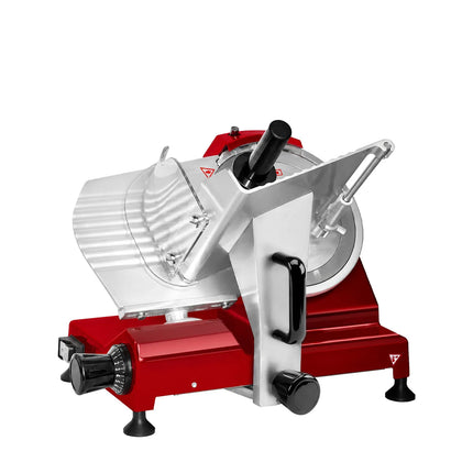 GGM Gastro Commercial Electric Meat Slicer 10''/Ø 250 mm – Gravity Feed – 150 W – 0.2–12 mm – 160 mm Cut – Red