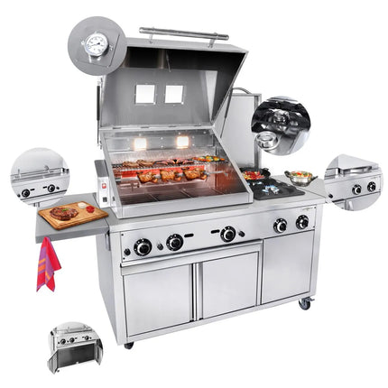 GGM Gastro Commercial Gas Chargrill - 22.5kW|2187mm - Freestanding - 850mm Deep - 2 Burners - incl. Wheels, Rotisserie Skewer