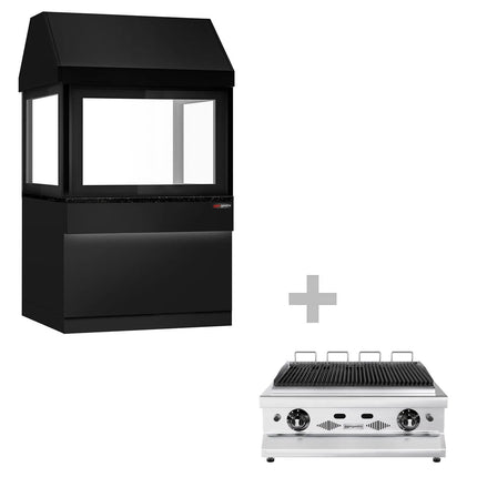 GGM Gastro Commercial Gas Chargrill TORONTO - 10.4kW - 1100mm - 900mm Deep - 4 Grill Grids - Cast-Iron Cooking Grids - Black-front Fascia - Black Granite Worktop - Tempered Glass Heat Guard