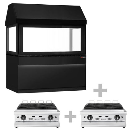 GGM Gastro Commercial Gas Chargrill TORONTO - 1910mm - Freestanding - 900mm Deep - 8 Grill Grids - Cast-Iron Cooking Grids - Black-front Fascia - Black Granite Worktop - Tempered Glass Heat Guard