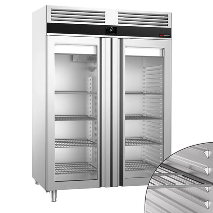 GGM Gastro Commercial Glass Door Upright Fridge Stainless steel PREMIUM - GN 2/1 - 1350L - with 2 glass doors