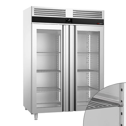 GGM Gastro Commercial Glass Door Upright Fridge Stainless steel PREMIUM - GN 1/1 - 1400L - with 2 glass doors