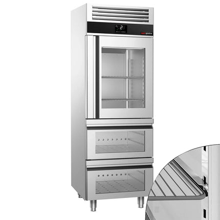 GGM Gastro Commercial Glass Door Upright Fridge Stainless steel PREMIUM - GN 2/1 - 700L - with 1 glass door - 2 drawers
