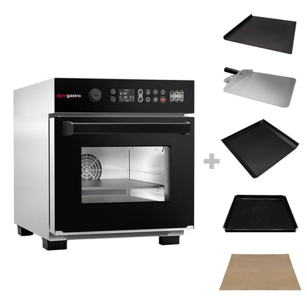 GGM Gastro Commercial High Speed Oven - Touchscreen - 3.4kW - Stainless Steel - incl. Pizza Tray, Temperature Probe, Non-stick Basket, Non-stick Baking Tray | 80% Faster Cooking