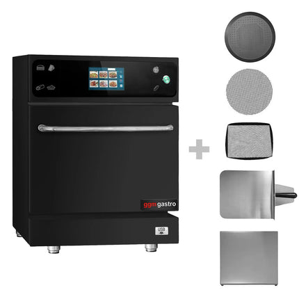 GGM Gastro Commercial High Speed Oven - Touchscreen - 3.5kW - Black - Ventless - incl. Pizza Tray, Mesh Basket, Non-stick Baking Tray | 80% Faster Cooking