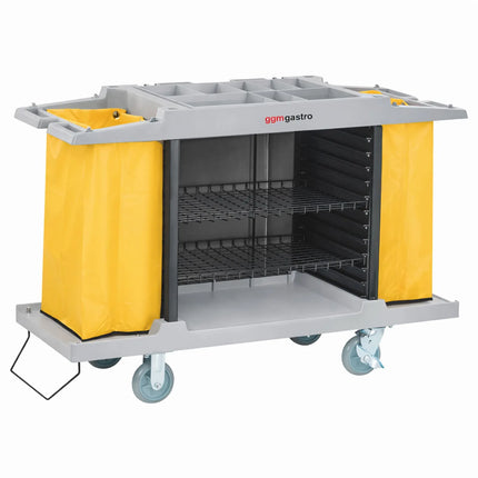 GGM Gastro Commercial Housekeeping Trolley - 2 laundry bags, 1 top shelf with compartments, 3 bottom shelves - Polypropylene (PP) frame - Grey