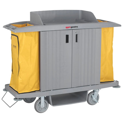 GGM Gastro Commercial Housekeeping Trolley - with doors - 2 laundry bags, 1 top shelf with compartments and upstand, 1 bottom shelf - Polypropylene (PP) frame - Grey