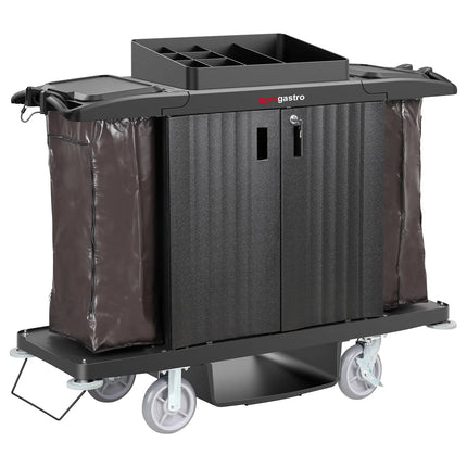 GGM Gastro Commercial Housekeeping Trolley - with lockable doors - 2 laundry bags, 1 top shelf with compartments, 1 bottom shelf - Polypropylene (PP) frame - Black