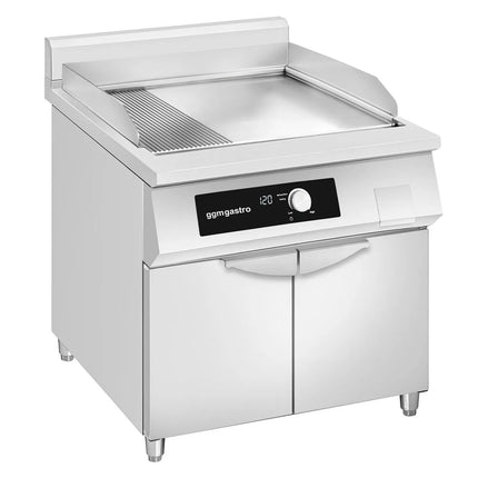 GGM Gastro Commercial Induction Griddle - with Digital Controls - 10.0kW - Smooth/Ribbed Plate (half & half) - with Cabinet Base - 2 Doors