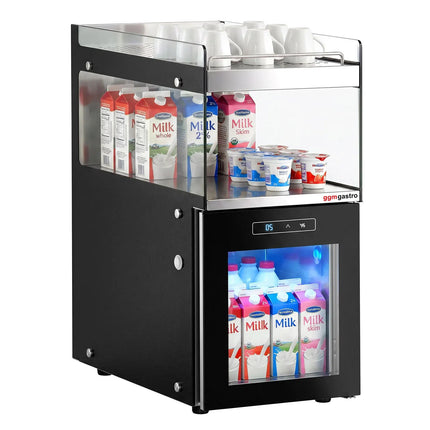 GGM Gastro Commercial Milk Fridge for Coffee Machines - 300mm - 15 Litres - 1 hinged glass door - LED lighting - digital controller with temperature display - with milk feed-through - Black - Temperature range 1 to 6 °C