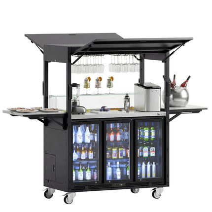 GGM Gastro Commercial Mobile Cocktail Station – Includes Bar Fridge, Work Surface, Glass Shelf & LED Lighting – Fold-Out Design