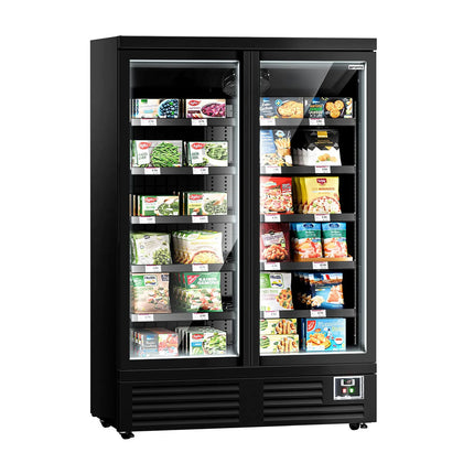 GGM Gastro Commercial multideck display freezer - 1260mm - 991L - with 2 double‑glazed hinged glass doors & 5 shelves - Black