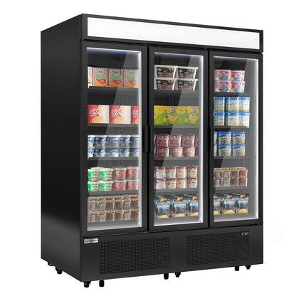 GGM Gastro Commercial multideck display freezer - 1600mm - 891L - with 3 hinged glass doors & 15 shelves - Black