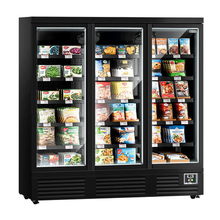 GGM Gastro Commercial multideck display freezer - 1890mm - 1539L - with 3 hinged glass doors & 5 shelves - Black