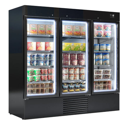 GGM Gastro Commercial multideck display freezer - 2081mm - 2030L - with 3 hinged glass doors & 8 shelves - Black