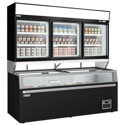 GGM Gastro Commercial multideck display freezer - 2104mm - 992L - with 3 sliding glass doors & 6 shelves - incl. island freezer - Black
