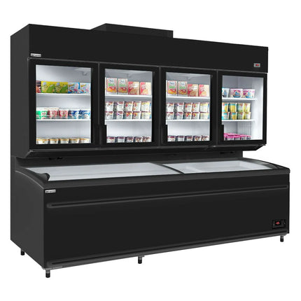 GGM Gastro Commercial multideck display freezer - 2500mm - 1244L - with 4 double‑glazed hinged glass doors & 6 shelves - incl. island freezer - Black