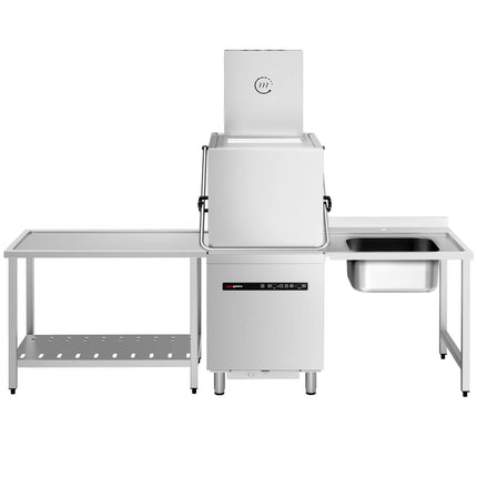 GGM Gastro Commercial Pass Through Dishwasher - Digital Controls - 8.7kW - incl. Inlet Table right, Outlet Table left - with Heat Recovery, Detergent & Rinse Aid Dosing Pumps, Drain Pump