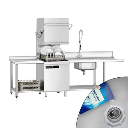 GGM Gastro Commercial Pass Through Dishwasher - Mechanical Controls - 7.1kW - incl. Inlet Table right, Outlet Table left - with Detergent & Rinse Aid Dosing Pumps, Drain Pump