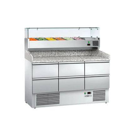GGM Gastro Commercial Pizza Prep Counter - Granite Top ECO - 1400x700mm - with 0 doors & 6 drawers 1/2 - incl. refrigerated topping unit with glass sneeze guard - 6x GN 1/4