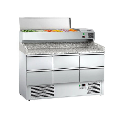 GGM Gastro Commercial Pizza Prep Counter - Granite Top ECO - 1400x700mm - with 0 doors & 6 dough drawers 1/2 - incl. refrigerated topping unit - 6x GN 1/4