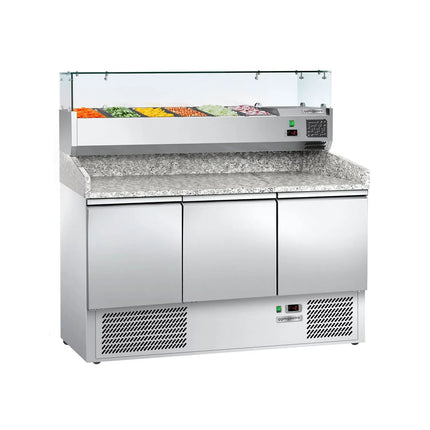 GGM Gastro Commercial Pizza Prep Counter - Granite Top ECO - 1400x700mm - with 3 doors - incl. refrigerated topping unit - 6x GN 1/4