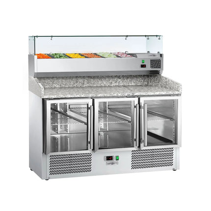 GGM Gastro Commercial Pizza Prep Counter - Granite Top ECO - 1400x700mm - with 3 glass doors - incl. refrigerated topping unit with glass sneeze guard - 6x GN 1/4