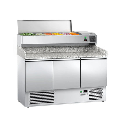 GGM Gastro Commercial Pizza Prep Counter - Granite Top ECO - 1400x700mm - with 3 doors - incl. refrigerated topping unit - 6x GN 1/4