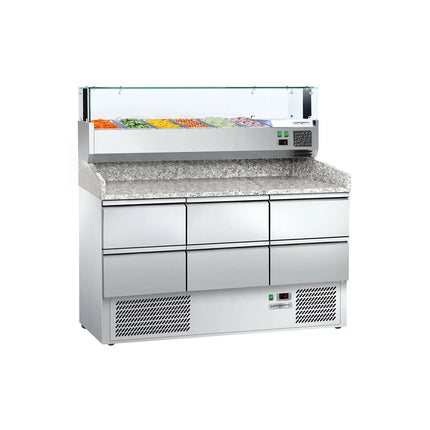 GGM Gastro Commercial Pizza Prep Counter - Granite Top ECO - 1400x700mm - with 0 doors & 6 drawers 1/2 - incl. refrigerated topping unit with glass sneeze guard LED - 6x GN 1/4
