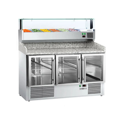 GGM Gastro Commercial Pizza Prep Counter - Granite Top ECO - 1400x700mm - with 3 glass doors - incl. refrigerated topping unit with glass sneeze guard LED - 6x GN 1/4