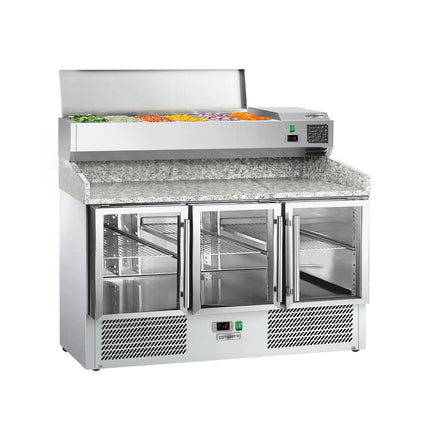 GGM Gastro Commercial Pizza Prep Counter - Granite Top ECO - 1400x700mm - with 3 glass doors - incl. refrigerated topping unit - 6x GN 1/4