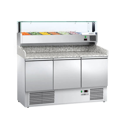 GGM Gastro Commercial Pizza Prep Counter - Granite Top ECO - 1400x700mm - with 3 doors - incl. refrigerated topping unit with glass sneeze guard LED - 6x GN 1/4