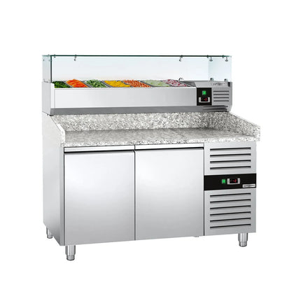GGM Gastro Commercial Pizza Prep Counter - Granite Top ECO - 1500x800mm - with 2 doors - incl. refrigerated topping unit with glass sneeze guard - 7x GN 1/4