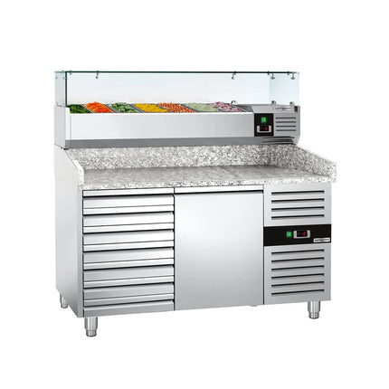 GGM Gastro Commercial Pizza Prep Counter - Granite Top ECO - 1500x800mm - with 1 doors & 7 drawers - incl. refrigerated topping unit - 7x GN 1/4