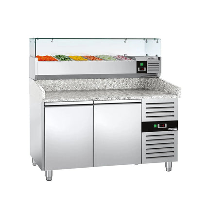 GGM Gastro Commercial Pizza Prep Counter - Granite Top ECO - 1500x800mm - with 2 doors - incl. refrigerated topping unit with glass sneeze guard - 6x GN 1/3