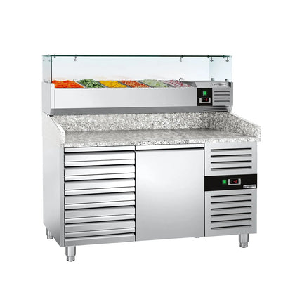 GGM Gastro Commercial Pizza Prep Counter - Granite Top ECO - 1500x800mm - with 1 doors & 7 drawers - incl. refrigerated topping unit - 6x GN 1/3