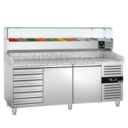 GGM Gastro Commercial Pizza Prep Counter - Granite Top ECO - 2025x800mm - with 2 doors & 7 drawers - incl. refrigerated topping unit with glass sneeze guard - 10x GN 1/4