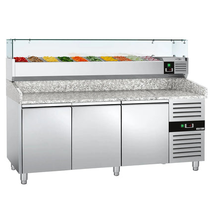 GGM Gastro Commercial Pizza Prep Counter - Granite Top ECO - 2025x800mm - with 3 doors - incl. refrigerated topping unit with glass sneeze guard - 10x GN 1/4