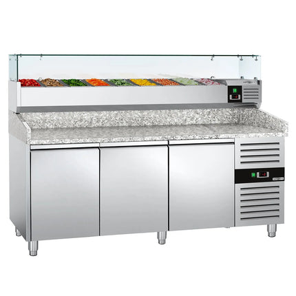 GGM Gastro Commercial Pizza Prep Counter - Granite Top ECO - 2025x800mm - with 3 doors - incl. refrigerated topping unit with glass sneeze guard - 9x GN 1/3