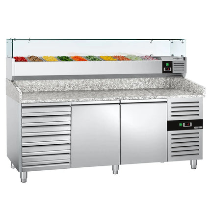 GGM Gastro Commercial Pizza Prep Counter - Granite Top ECO - 2025x800mm - with 2 doors & 7 drawers - incl. refrigerated topping unit - 9x GN 1/3