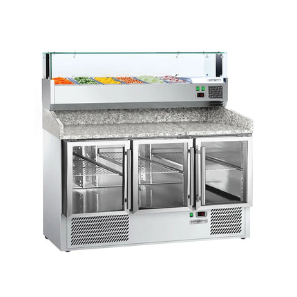 GGM Gastro Commercial Pizza Prep Counter - Granite Top PREMIUM - 1400x700mm - with 3 glass doors - incl. refrigerated topping unit with glass sneeze guard LED - 6x GN 1/4