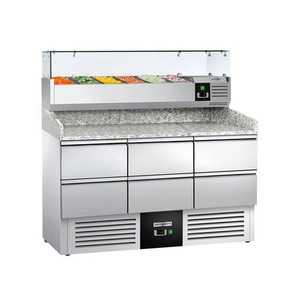 GGM Gastro Commercial Pizza Prep Counter - Granite Top PREMIUM - 1400x700mm - with 0 doors & 6 dough drawers 1/2 - incl. refrigerated topping unit with glass sneeze guard - 6x GN 1/4