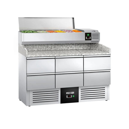 GGM Gastro Commercial Pizza Prep Counter - Granite Top PREMIUM - 1400x700mm - with 0 doors & 6 drawers 1/2 - incl. refrigerated topping unit - 6x GN 1/4