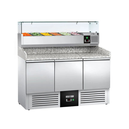 GGM Gastro Commercial Pizza Prep Counter - Granite Top PREMIUM - 1400x700mm - with 3 doors - incl. refrigerated topping unit with glass sneeze guard - 6x GN 1/4